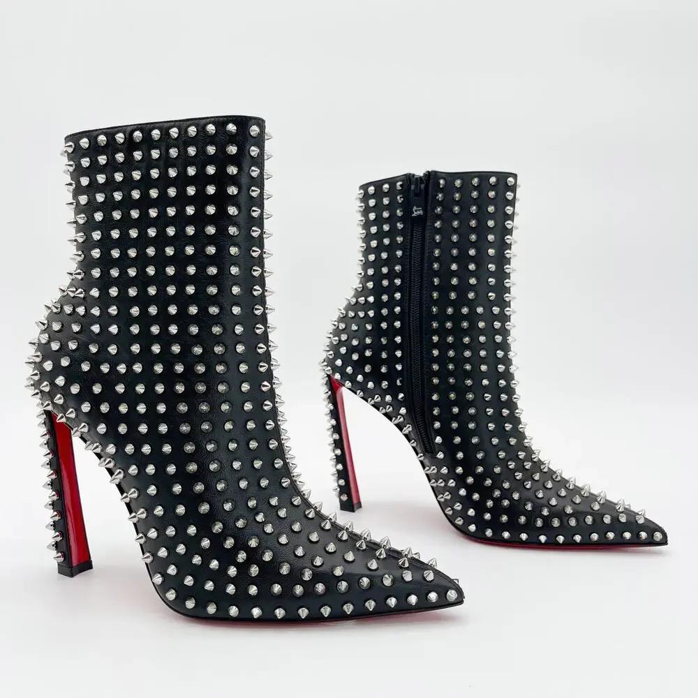 Christian Louboutin Black Condora Booty Spiked Leather Heeled Ankle Boots EU 40
